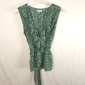 Max Studio Green Floral Wrap Blouse L Women's Sleeveless Ruffle‎ V-Neck Boho Top